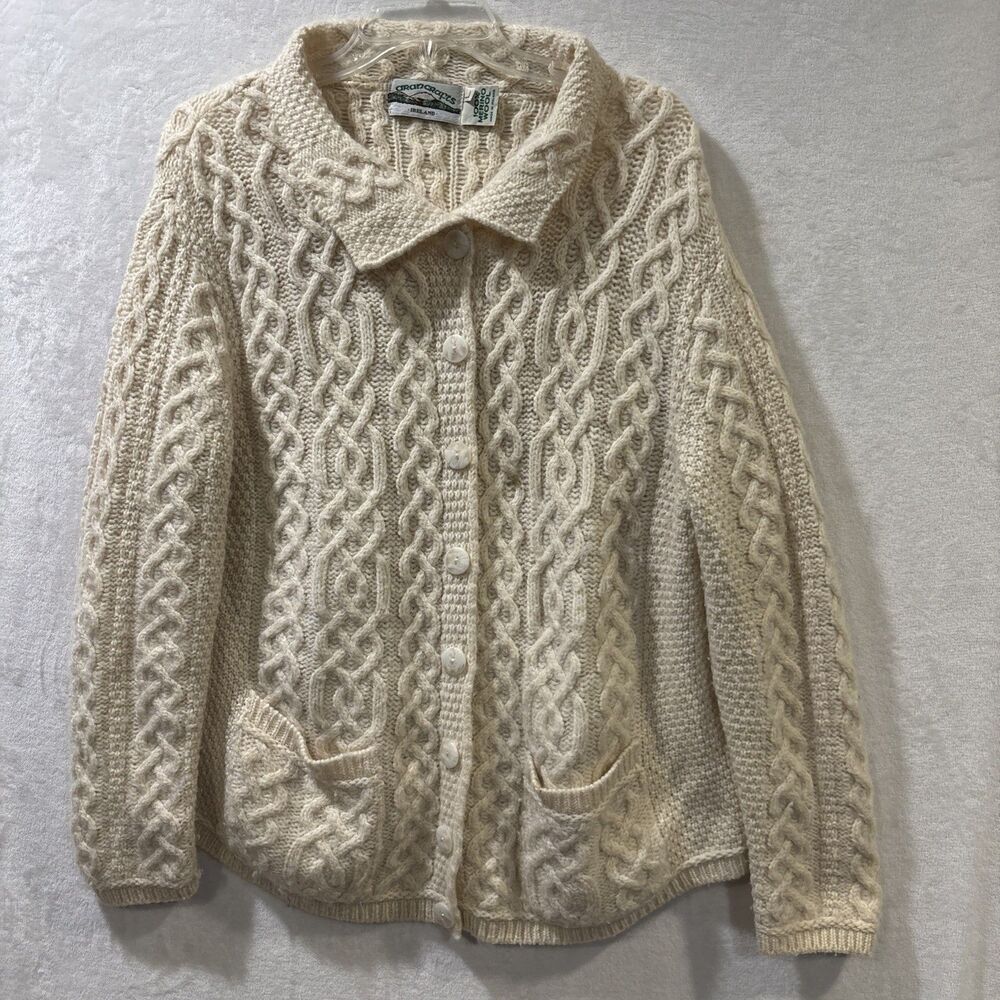 Aran Crafts Sweater Women's Large Ireland Merino Wool Ivory Chunky Cardigan